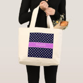 Navy Blue White Polka Dots Lila naam Monogram Grote Tote Bag (Voorkant (product))