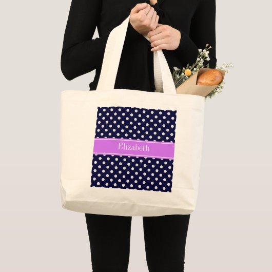 Navy Blue White Polka Dots Lila naam Monogram Grote Tote Bag (Voorkant (product))