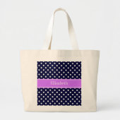 Navy Blue White Polka Dots Lila naam Monogram Grote Tote Bag (Voorkant)