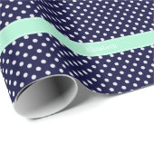 Navy Blue White Polka Dots Mint Name Monogram Cadeaupapier (Rol Hoek)