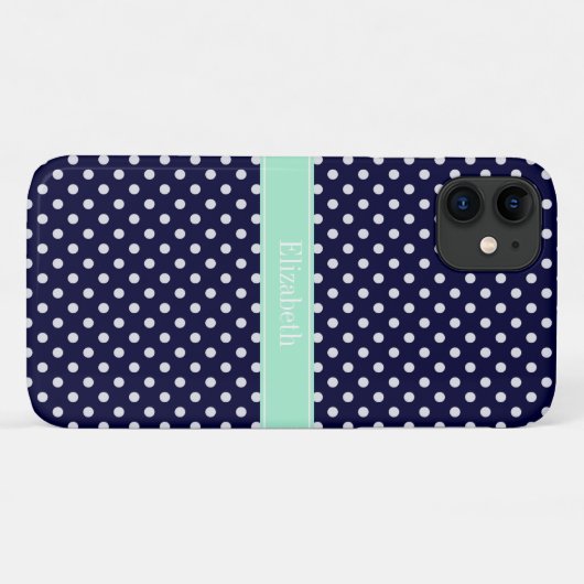 Navy Blue White Polka Dots Mint Name Monogram Case-Mate iPhone Case (Achterkant (horizontaal))