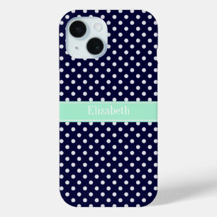 Navy Blue White Polka Dots Mint Name Monogram iPhone 15 Case