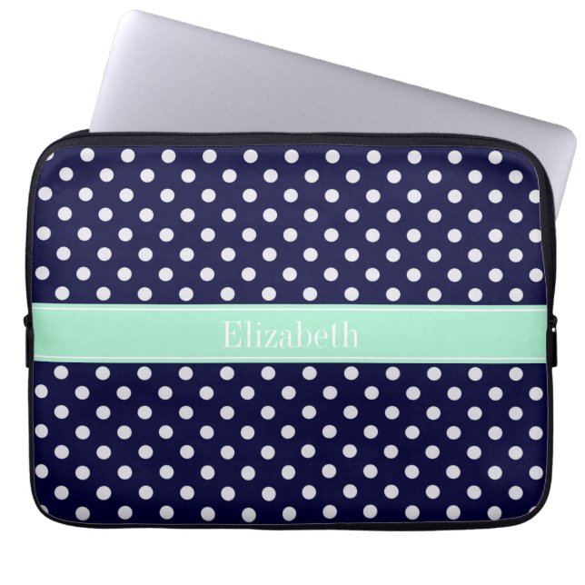 Navy Blue White Polka Dots Mint Name Monogram Laptop Sleeve (Voorkant)