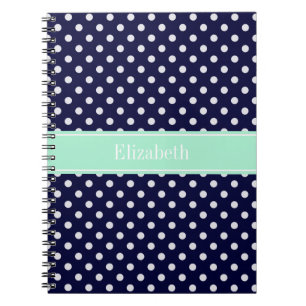 Navy Blue White Polka Dots Mint Name Monogram Notitieboek