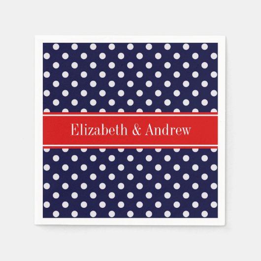Navy Blue White Polka Dots Red Name Monogram Servet (Voorkant)