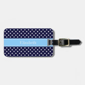 Navy Blue White Polka Dots Sky Blue Name Monogram Bagagelabel (Voorkant horizontaal)