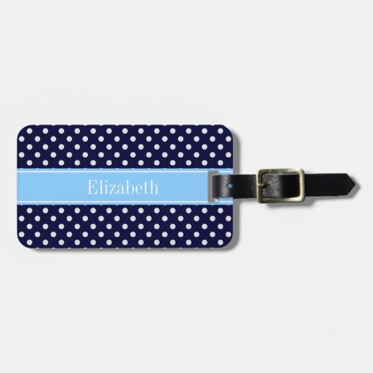 Navy Blue White Polka Dots Sky Blue Name Monogram Bagagelabel (Voorkant horizontaal)