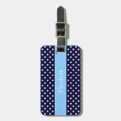 Navy Blue White Polka Dots Sky Blue Name Monogram Bagagelabel (Voorkant verticaal)