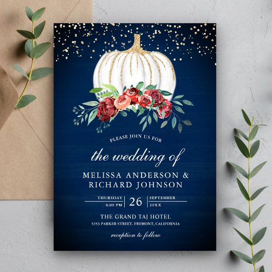 Navy Blue White Pumpkin Burgundy Floral Wedding Kaart