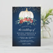 Navy Blue White Pumpkin Burgundy Floral Wedding Kaart (Staand voorkant)
