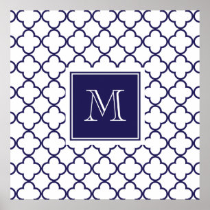 Navy Blue, White Quatrefoil Monogram Groot Poster