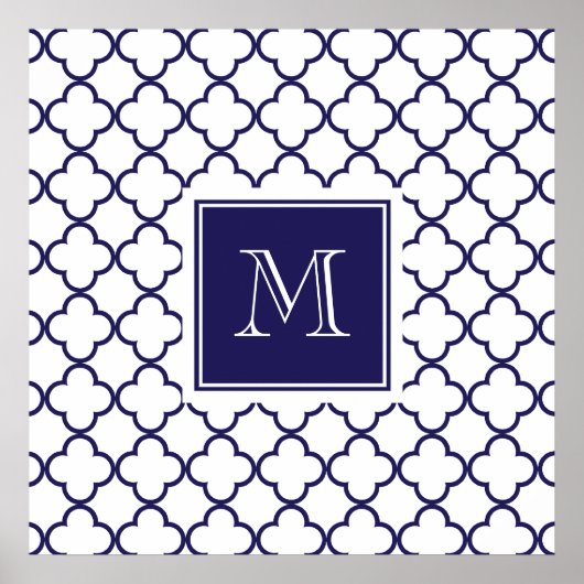 Navy Blue, White Quatrefoil Monogram Groot Poster (Voorkant)