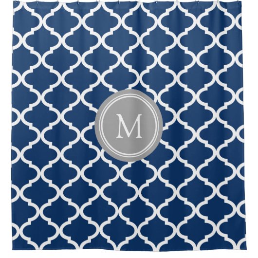 Navy Blue White Quatrefoil Monogram Shower Curtain Douchegordijn (Voorkant)