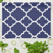 Navy Blue White Quatrefoil Moroccan Pattern Theedoek (Gevouwen)
