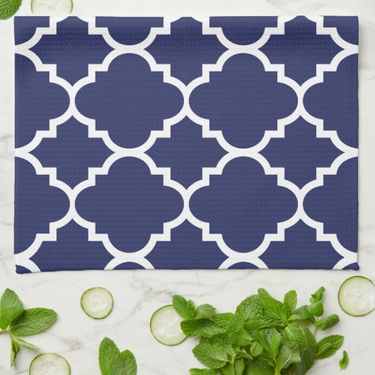 Navy Blue White Quatrefoil Moroccan Pattern Theedoek (Gevouwen)