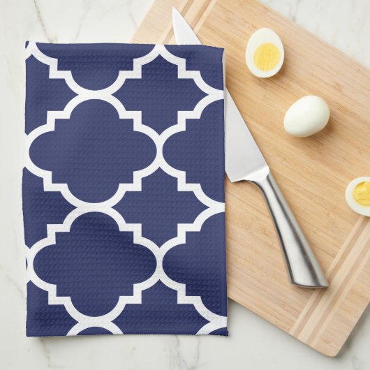 Navy Blue White Quatrefoil Moroccan Pattern Theedoek (Quarter Fold)