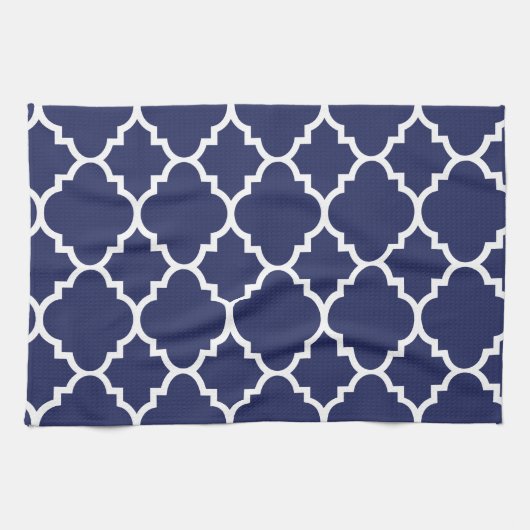 Navy Blue White Quatrefoil Moroccan Pattern Theedoek (Horizontaal)