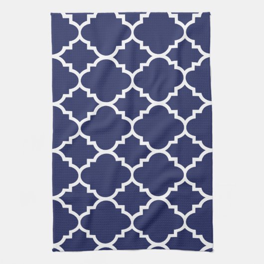 Navy Blue White Quatrefoil Moroccan Pattern Theedoek (Verticaal)