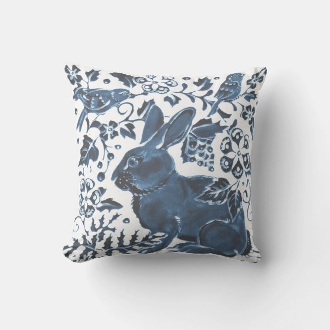 Navy Blue White Rabbit Bird Leaf Art Deco Asian Kussen (Voorkant)