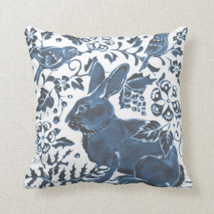 Navy Blue White Rabbit Bird Leaf Art Deco Asian Kussen