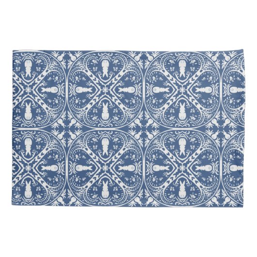 Navy Blue & White Rabbit & Bird Medallion Pattern Kussensloop (Achterkant)