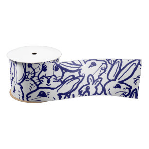 Navy Blue White Rabbit Bunny Cute Whimsical Satijnen Lint