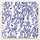 Navy Blue White Rabbit Bunny Drawing Cute Unique Kartonnen Onderzetters (Voorkant)