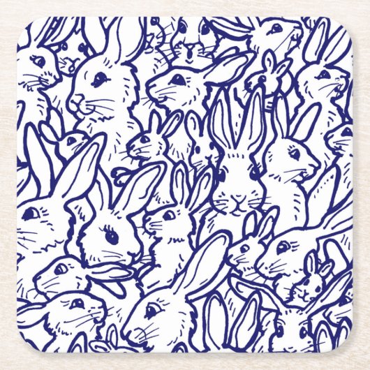 Navy Blue White Rabbit Bunny Drawing Cute Unique Kartonnen Onderzetters (Voorkant)