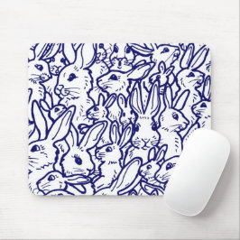 Navy Blue White Rabbit Bunny Drawing Cute Unique Muismat