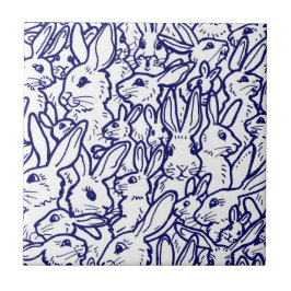 Navy Blue White Rabbit Bunny Drawing Cute Unique Tegeltje