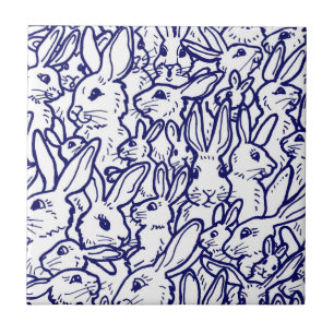 Navy Blue White Rabbit Bunny Drawing Cute Unique Tegeltje