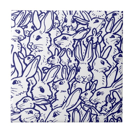 Navy Blue White Rabbit Bunny Drawing Cute Unique Tegeltje (Voorkant)