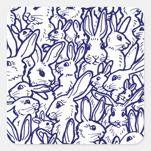 Navy Blue White Rabbit Bunny Drawing Cute Unique Vierkante Sticker (Voorkant)