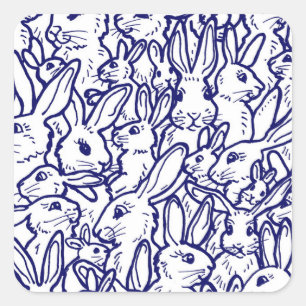 Navy Blue White Rabbit Bunny Drawing Cute Unique Vierkante Sticker