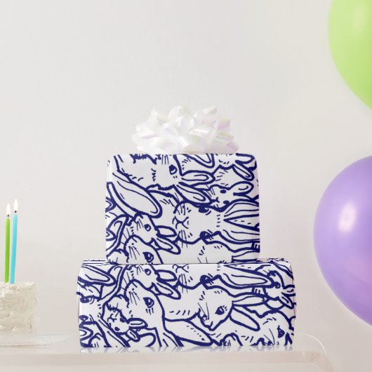 Navy Blue White Rabbit Bunny Large Pattern Cadeaupapier (Feestgeschenken)