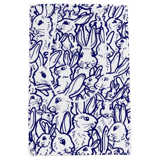 Navy Blue White Rabbit Bunny Large Pattern Medium Cadeauzakje (Voorkant)