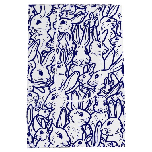 Navy Blue White Rabbit Bunny Large Pattern Medium Cadeauzakje (Achterkant)