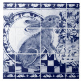 Navy Blue White Rabbit Dedham Pottery Delft Mural Tegeltje (Voorkant)