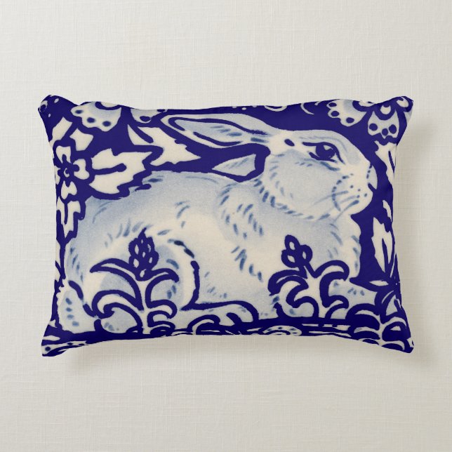 Navy Blue & White Rabbit Floral Dedham Delft Accent Kussen (Voorkant)