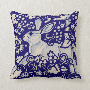 Navy Blue White Rabbit Hare Bird Chinoiserie Art Kussen
