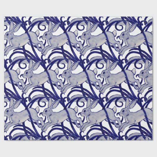 Navy Blue White Rabbit Hare Bunny Art Deco Scroll Cadeaupapier (Vlak)