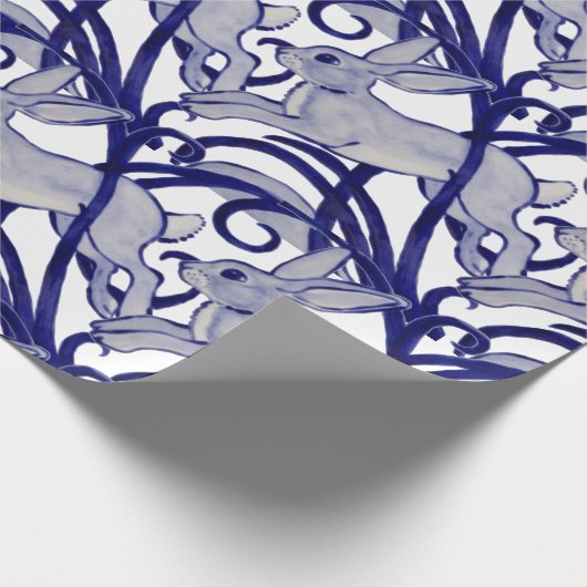 Navy Blue White Rabbit Hare Bunny Art Deco Scroll Cadeaupapier (Hoek)