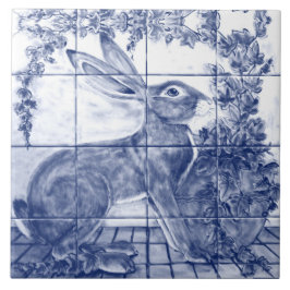 Navy Blue White Rabbit Hare Ivy Ceramic Tile Mural Tegeltje