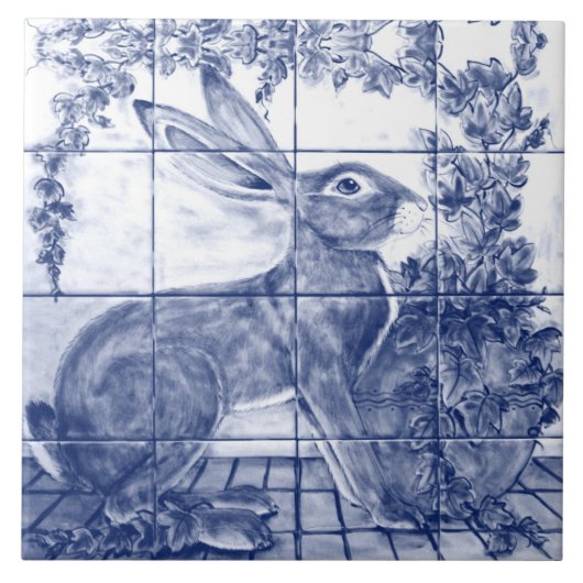 Navy Blue White Rabbit Hare Ivy Ceramic Tile Mural Tegeltje (Voorkant)