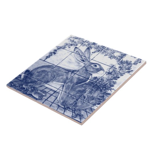 Navy Blue White Rabbit Hare Ivy Ceramic Tile Mural Tegeltje (Zijkant)