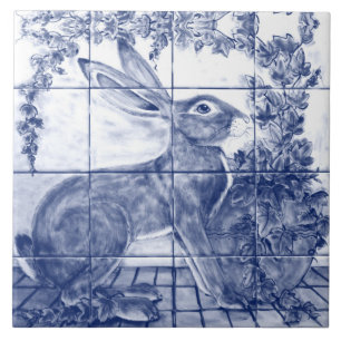 Navy Blue White Rabbit Hare Ivy Mural Tegeltje