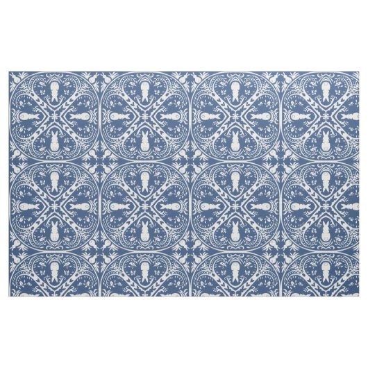 Navy Blue & White Rabbit Tile Delft Dedham Bunny Stof (Fat Quarter)