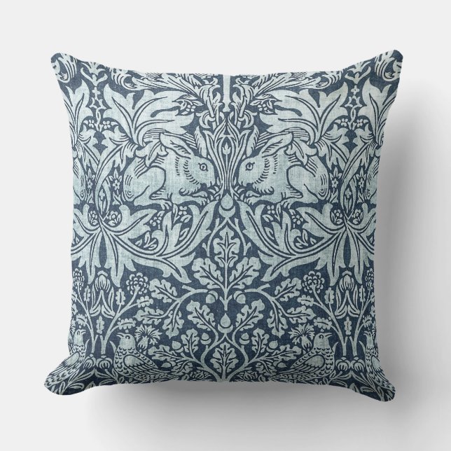 Navy Blue White Rabbit William Morris Kussen (Voorkant)