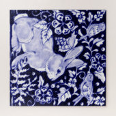 Navy Blue White Rabbit Woodland Elegant Animal Art Legpuzzel (Horizontaal)