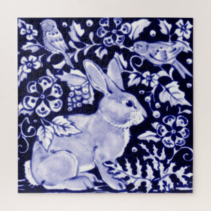 Navy Blue White Rabbit Woodland Elegant Animal Art Legpuzzel